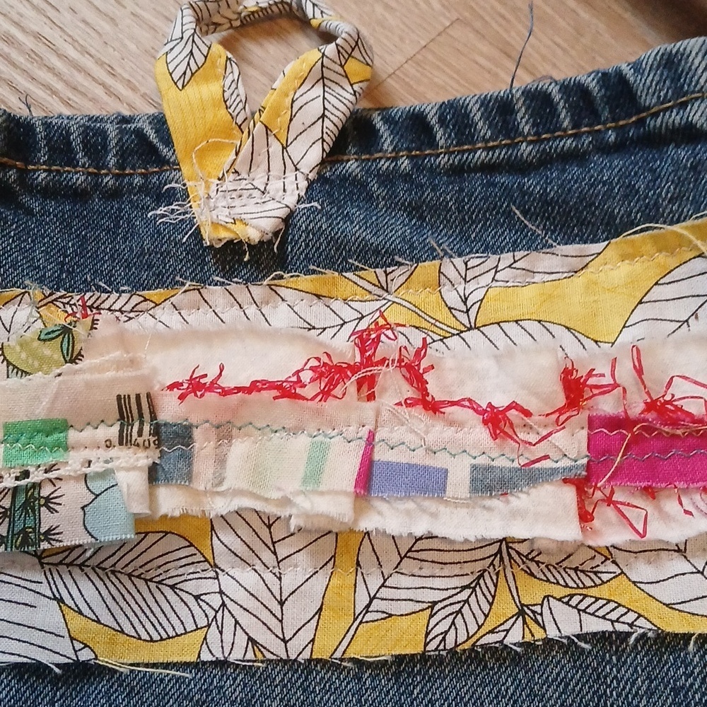 Upcycled Denim Crossbody Bag Handmade with Floral Trim Jeans Patchwork Trim - Picture 10 of 13